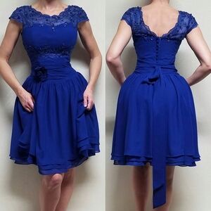 Electric Blue Cinderella A-line Scalloped Short Sleeve Chiffon Knee Length Dress